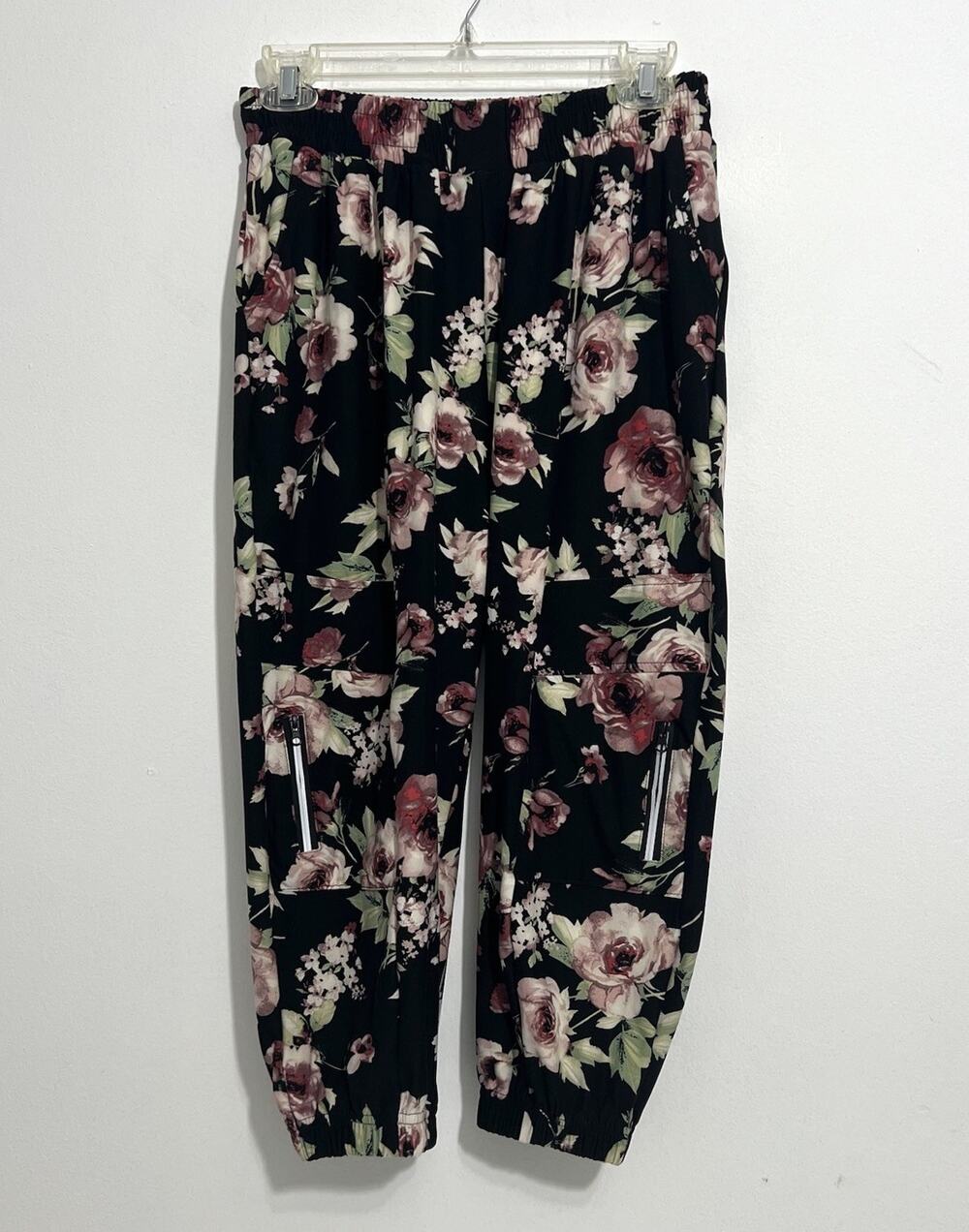 Always Women’s Medium Floral Jogger Pants Black Pink Elastic Waist Cargo Pockets
